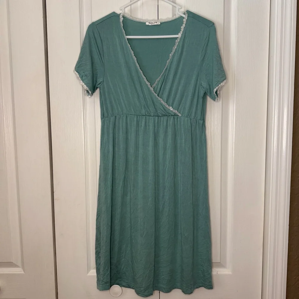 Ekouaer Teal Wrap Style Nightgown Sleep Dress Lace Trim Soft Stretch Small